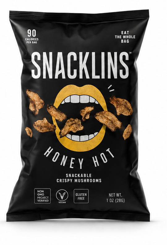 Honey Hot black Snacklins bag mockup on a white studio background